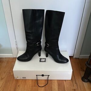 Anne Klein Black Akstrahan Black Heeled Leather Boots with Gold Buckle